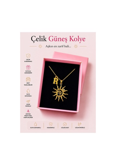 Kişiye Özel Harfli Çelik Güneş Kolye Gold Renk Kararmaz & Kutulu Hediye Altın Altın