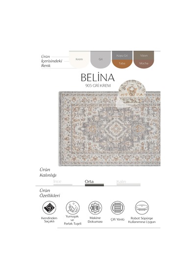 Cool Halı Belina Krem Gri Etnik Desen Vintage Halı Klasik Dokuma Bukle Ev Oturma Odası Salon Halısı