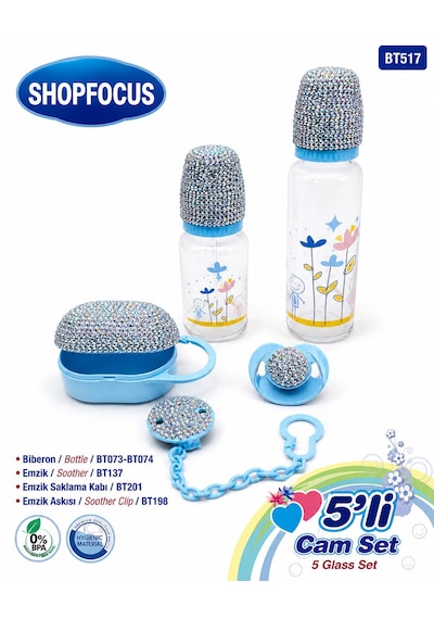 5'li Cam Biberon Seti - Özel Taş Süslemeli Dizayn - 250 Ml Biberon-125ml Biberon - Emzik - Emzik Askısı - Emzik Kutusu - Özel Kutulu - Bebek Hediyelik - Plastik ve Cam Set