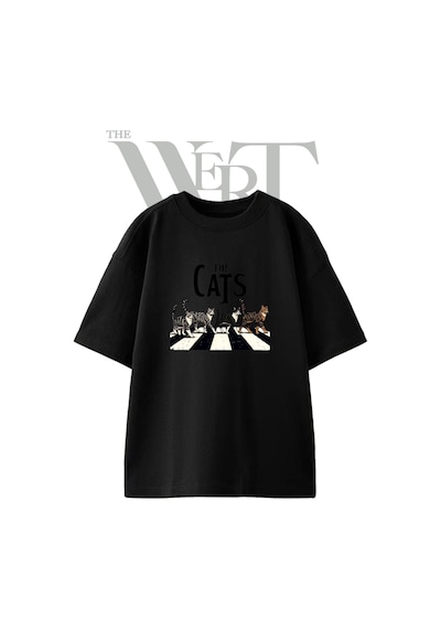 Thewert Cats Abbey Road Tasarım Baskılı Ünisex Siyah Oversize T-shirt