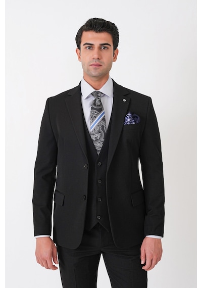 Efor Slim Fit Çift Yırtmaç Esnek Yünlü Siyah Yelekli Takım Elbise Tk 958