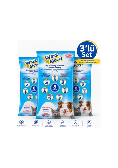 Bıo Petactive Wash Gloves Evcil Hayvan Kuru Yıkama Ve Bakım Kesesi 8 Li X 3 Paket Kedi Köpek Temizlik Eldiveni