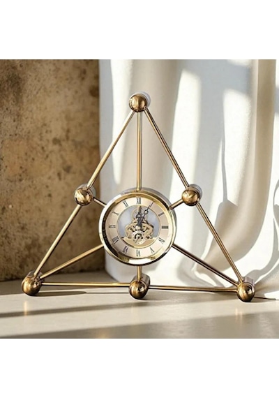 Üçgen Moleküler Tasarım Iskelet Mekanizmalı Gold Metal Masa Saati 35x30 Cm - Çarklı Lüks Ofis Çalışma Masası Aksesuarı