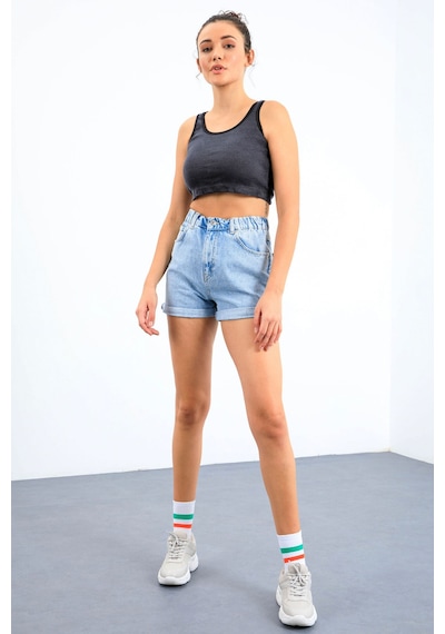 Tommy Life Lacivert Melanj Basic Sıfır Kol Dar Kalıp U Yaka Kadın Crop Top Atlet - 97162 Lacivert