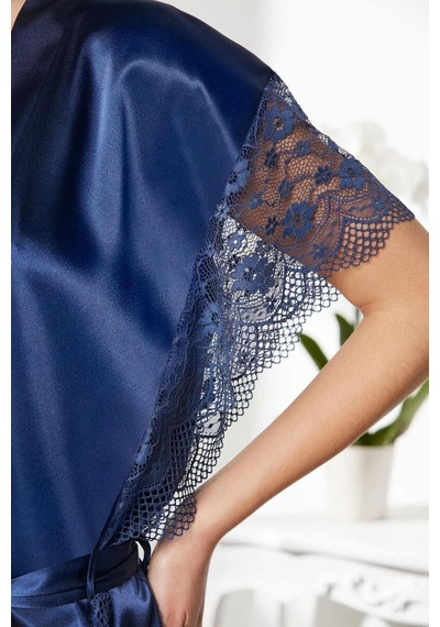 Pierre Cardin Lacivert Saten Dantelli Gecelik Sabahlık Takım 4438 Lacivert
