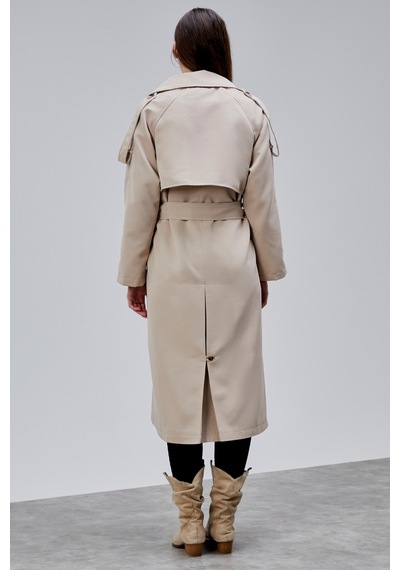 Kadın Oversize Astarlı Uzun Trençkot Vizon