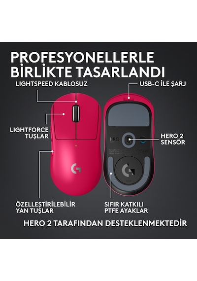 Logitech G Pro X Superlıght 2c Hafif Hero 2 Sensör 32.000 Dpı Lıghtspeed Kablosuz Oyuncu Mouse - Pembe 910-007539