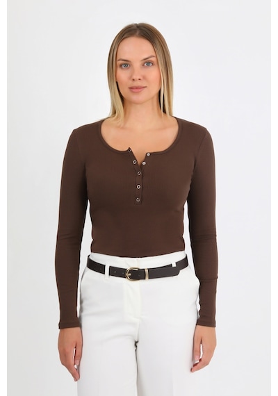 Hdm Kadın Kahverengi Uzun Kollu Fitilli Patlı Çıtçıtlı Basic Örme Bluz - H6172
