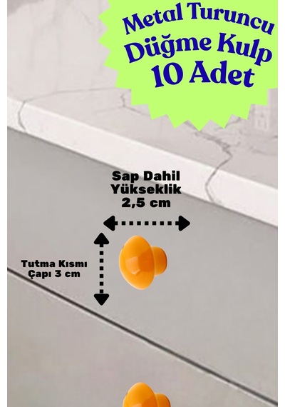 10 Adet Metal Yuvarlak Düğme Kulp - Çocuk Odası, Mutfak Ve Dolap İçin Modern Çekmece Kulbu Turuncu Turuncu