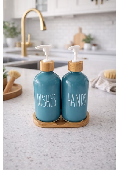 Makri Home Bambu Altlıklı Bambu Kapaklı İkili Cam Sıvı Sabunluk & Deterjanlık Seti 2 500 Ml- 16,5 X 9 X 21 Cm Mavi