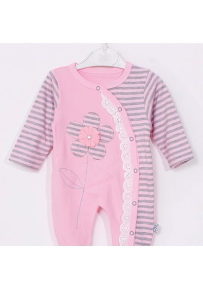 Candar 3-9 Ay Kız Bebek Tulumu Çiçek Nakışlı Ayaklı Pembe Pembe