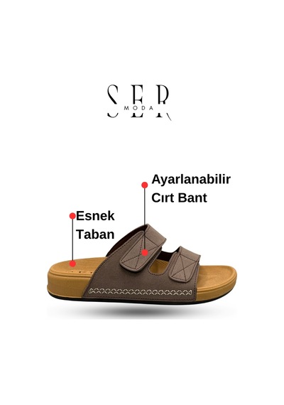 Sermoda Erkek Terlik - Cırtlı Bantlı Rahat Kalın Tabanlı Deri Erkek Terlik Kahve
