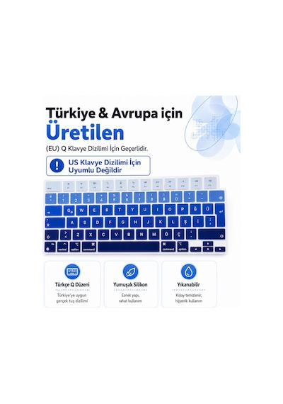 Macbook Pro 14.2 İnç M1 M2 M3 M4 M5 A2442 A2992 Uyumlu Türkçe Q Klavye Koruyucu Mavi Ombre Silikon Diğer