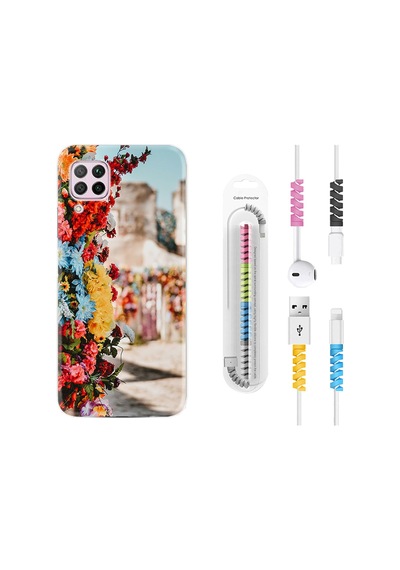 Huawei P40 Lite Kılıf Kablo Koruyuculu Gerçek Çiçekler 1743