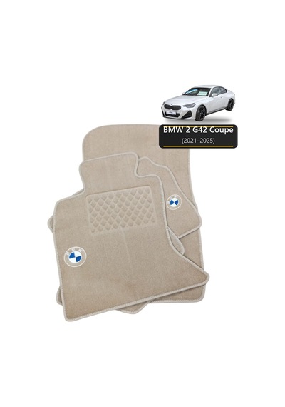 Oto Halı Paspas Seti Bmw 2 G42 Coupe 2021 2025 Uyumlu Sport Kaymaz & Şık Tasarım - Bej Logolu