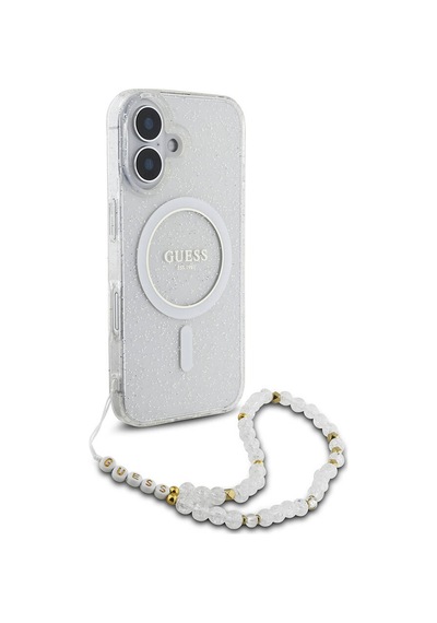 Apple iPhone 16 Uyumlu Kılıf Guess Lisanslı Magsafe Özellikli Simli Silikon İnci Bileklikli Şeffaf