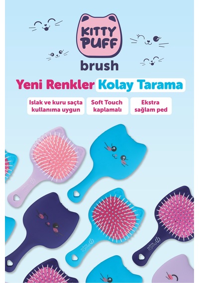 Beauty Kids Kitty Puf Açma Tarama Saç Fırçası Mavi