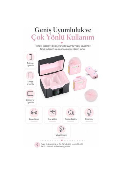 Kablosuz Tüylü Pembe Yaka Mikrofonu 1 Alıcı 2 Verici Şarj Kutulu Dijital Ekranlı 2.4g Gürültü Azaltmalı Type-c Lightning Uyumlu Mikrofon Seti