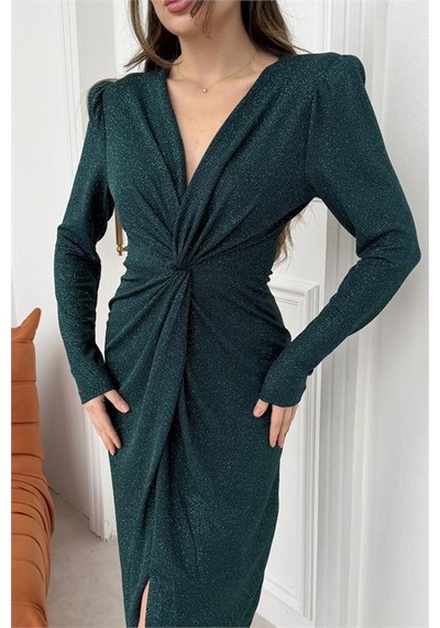 Neşeli Butik Kadın Yeşil Anvelop Büzgülü Simli Premium Midi Elbise Nbelb08 Yeşil