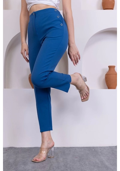 Lodmela Düğme Detaylı Beli Lastikli Bilek Boy Pantolon 351-indigo İndigo