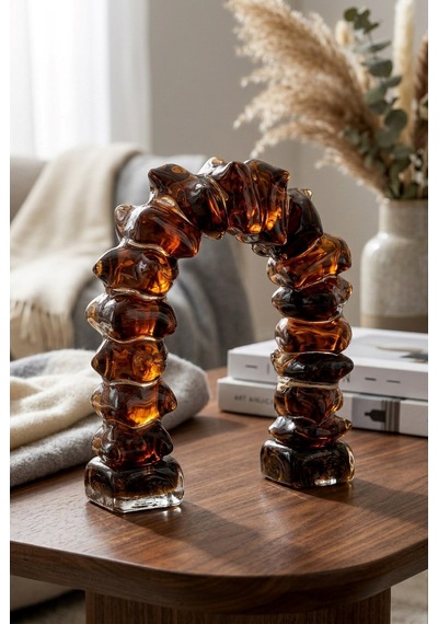 22 Cm Kristal Obje - El Yapımı Modern Organik Kemer Cam Dekoratif Heykel Koyu Kehribar