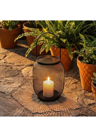 Deconox Ferforje Siyah Metal Fener Mumluk - 32 Cm Kulplu Büyük Boy - Dekoratif Masa Ve Bahçe Aydınlatma Kafesi 15x20 Cm 21x10 Cm