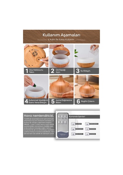 Oda Hava Nemlendirici - 7 Renk Led Işıklı Buhar Makinesi Aroma Difüzörü Humidifier Açık Kahve