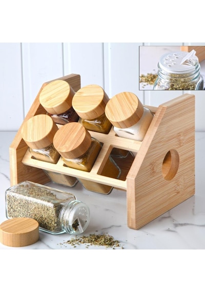 6 Lı Bambu Stantlı Cam Baharatlık, Baharat Takımı 3870 Sarı