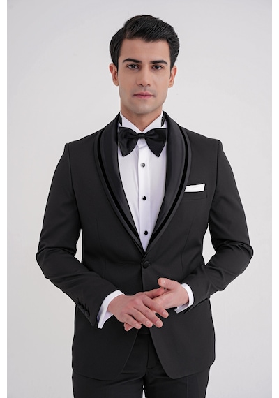 Slim Fit Çıkarılabilir Saten Yaka Tek Düğme Siyah Damatlık Smokin Takım Black 073 Siyah