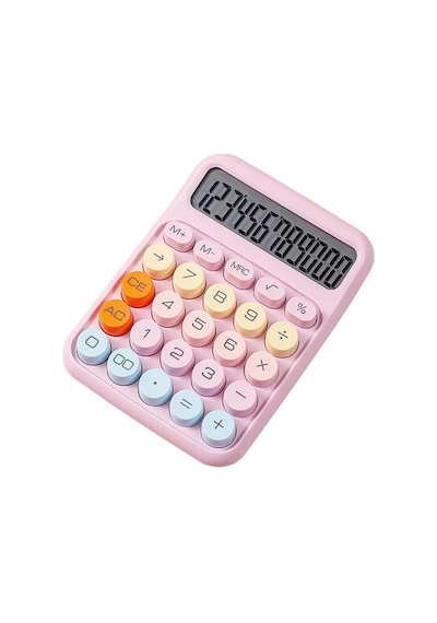 Valkyrie Renkli Çok Şirin 12 Hane Mekanik Hesap Makinası Büyük Ekranlı 4 Fonksiyonlu Ev Ofis Okul Pembe