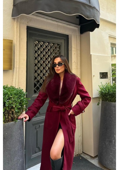 Dip Moda Kadın Kaşe Kumaş Cepli Yaka Kürklü Tam Boy Kuşaklı Kaban Dpstr1003 Bordo