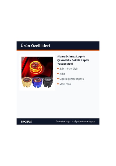 Trobus Sigara İçilmez Logolu Çakmaklık Soketi Kapak Yuvası Mavi