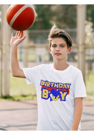 Sevbano Doğum Günü Sonic Baskılı Unisex Çizgi Film Çocuk Tişört 1-12 Yaş Beyaz