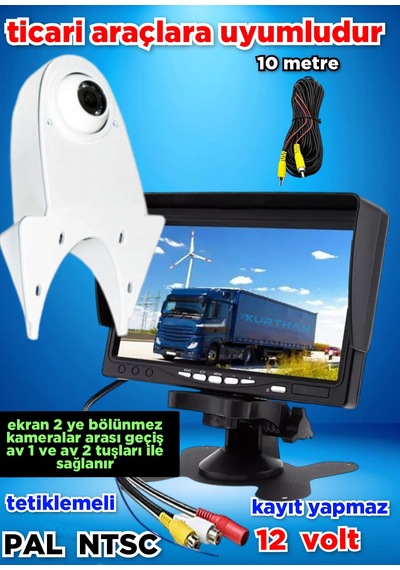 Panelvan Araç Uyumlu 7'' Ekran 1 Beyaz Tepe Kamera Kayıtsız 12 V