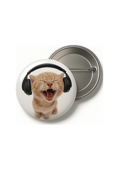 Sarkastik Müzik Dinleyen Kedi Rozet-44 Mm Çok Renkli