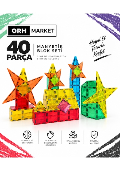 Orh Market 40 Parça Büyük Boy 7.5cm Manyetik Blok Seti Güçlü Mıknatıslı Zeka Geliştirici Oyuncak