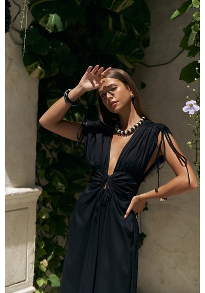Mai Collection Mai Studios Co. Manarola Büzgü Detay Siyah Uzun Elbise siyah