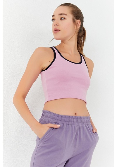 Tommy Life Pembe Basic Sıfır Kol Dar Kalıp U Yaka Kadın Crop Top Atlet - 97162 Pembe