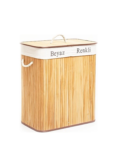 Dikdörtgen İki Bölmeli İç Bez Bambu Ahşap Kirli Çamaşır Sepeti İp Kulp 52x32x62cm Bx40 Diğer