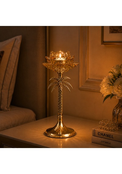 Palmiye Desenli Gold Cam Lotus Şamdan 3 Boy Dekoratif Mumluk Amber - Gold