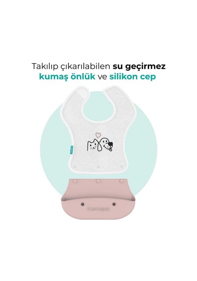 Mamajoo Silikon & Kumaş Katlanır Mama Önlüğü | 2-in-1 Powder Pink + Kumaş Önlük