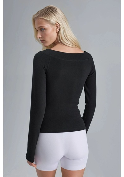 Hiccup Busem Slim Fit Fitilli Kayık Yaka Bluz Siyah