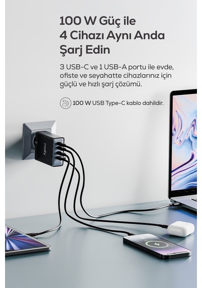 Hızlı Şarj Adaptörü 100w Gan + Type-c Kablo 100w Pd 4 Port, İphone & Samsung Uyumlu V0102015