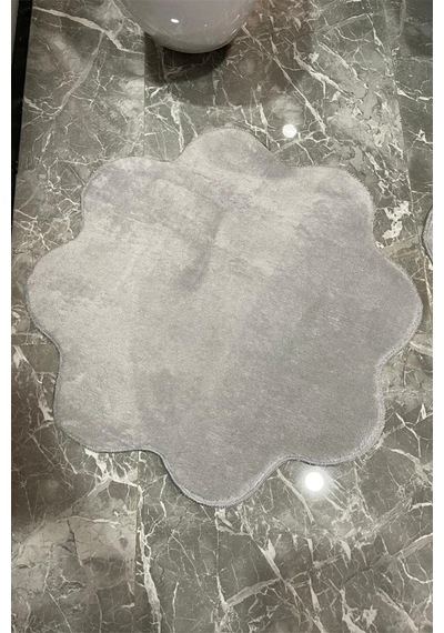 2'li Papatya Banyo Paspası Takımı Kaymaz Taban Yıkanabilir Peluş Pofuduk Post 80x80 - 100x100 Gri Gri