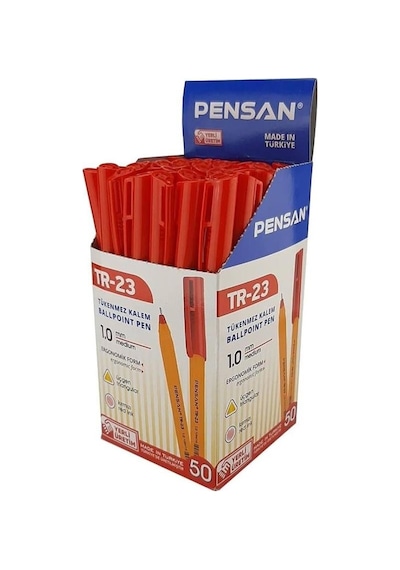 Pensan Tükenmez Kalem Üçgen Tr-23 Kırmızı 50 Li Kutu Çok Renkli