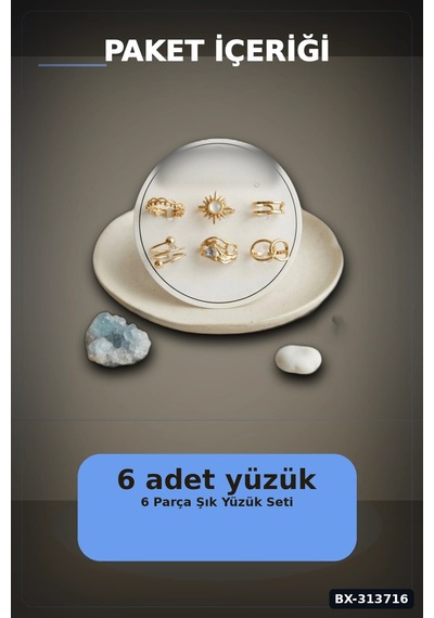 Pirinç Güneş Desenli 6 Adet Yüzük Seti - 7-8 Numara Bayan Takı Hediyelik Bx-313716 Çok Renkli
