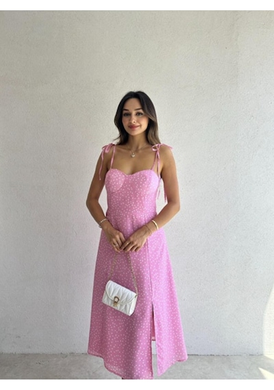 Fiyonk Askılı Yırtmaç Detaylı Puantiyeli Midi Elbise Mavi / Pembe / Vizon / Somon Pembe