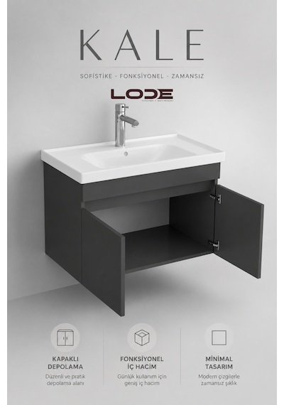 Lode Bath Kale Antrasit Demonte Lavabolu Alt Banyo Dolabı, Seramik Lavabo Dahil 80 Cm