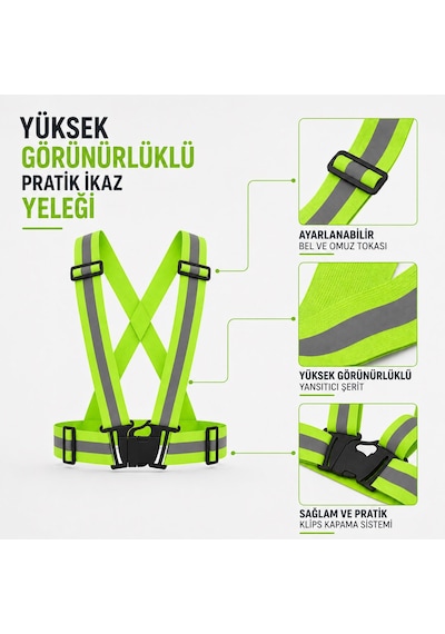 Yeşil Fosforlu Reflektörlü İkaz Yeleği Ayarlanabilir Klipsli Pratik Motorcu Bisiklet Trafik Yeleği