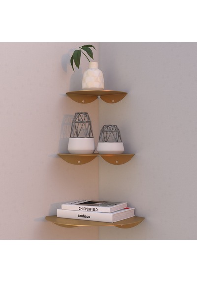 Oval Metal 3'lü Duvar Köşe Rafı Modern Dekoratif Raf Seti Gold
